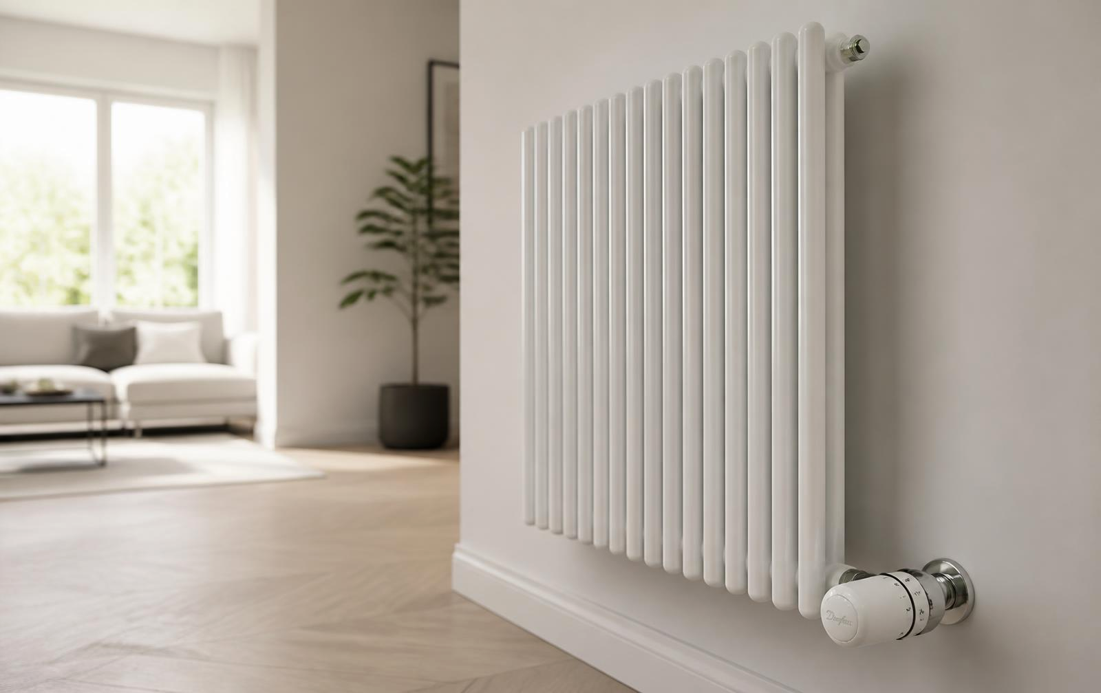 Modern white column radiator with a thermostatic valve in a bright living room