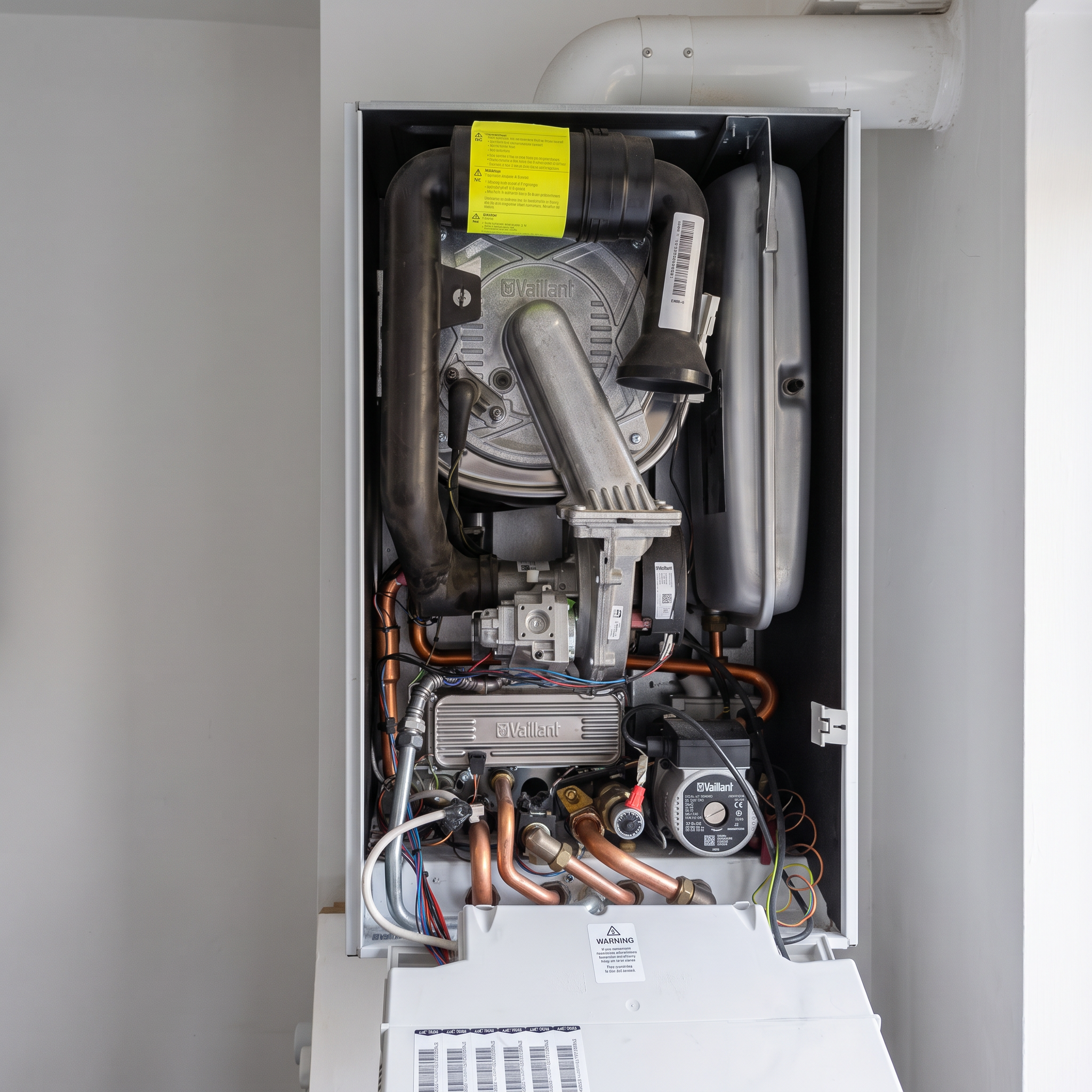 Real wall-mounted Vaillant boiler in its case-off service position, with the fan, heat exchanger, pump, copper pipework and lowered controls housing visible