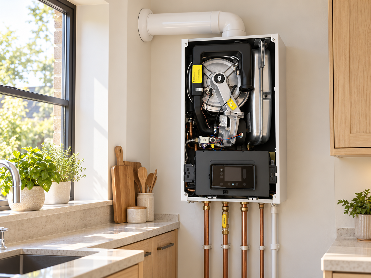 Open boiler in a bright kitchen beside a window, with its visible flue and copper pipes