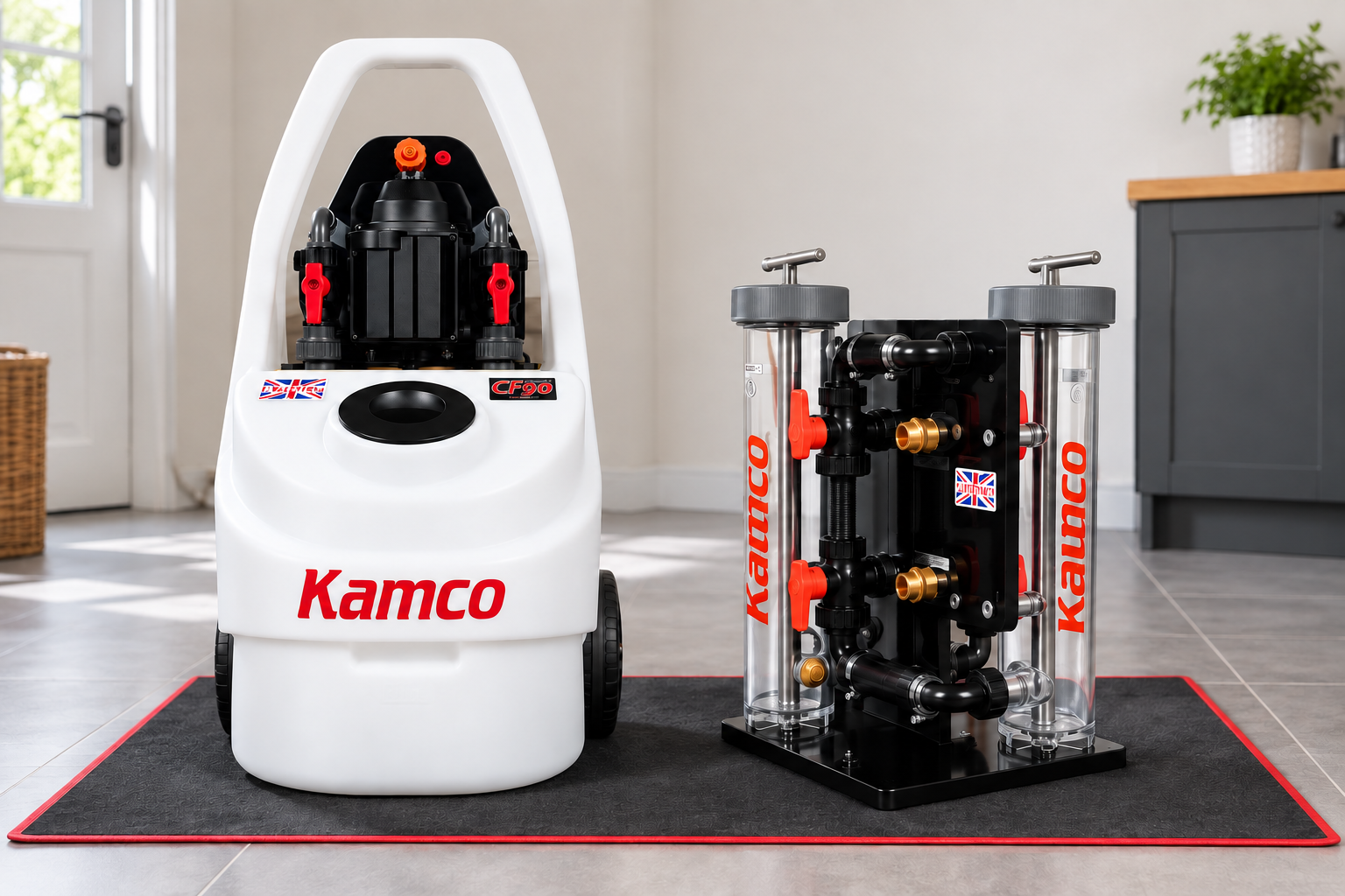 Kamco CF90 power flushing machine beside a CombiMag Split Twin magnetic filter system, both units standing on a mat with no hoses connected