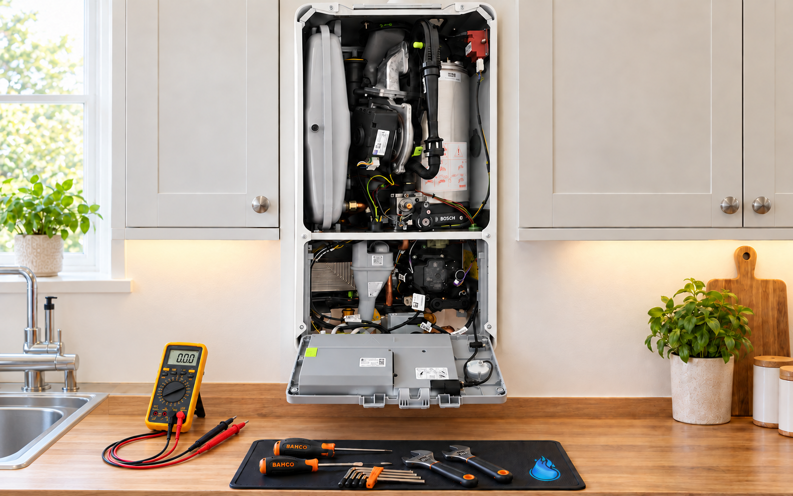 Open Worcester Bosch boiler with its grey control housing folded down below it on the kitchen worktop, a powered-on multimeter with test leads beside it and Bahco hand tools laid out on a mat