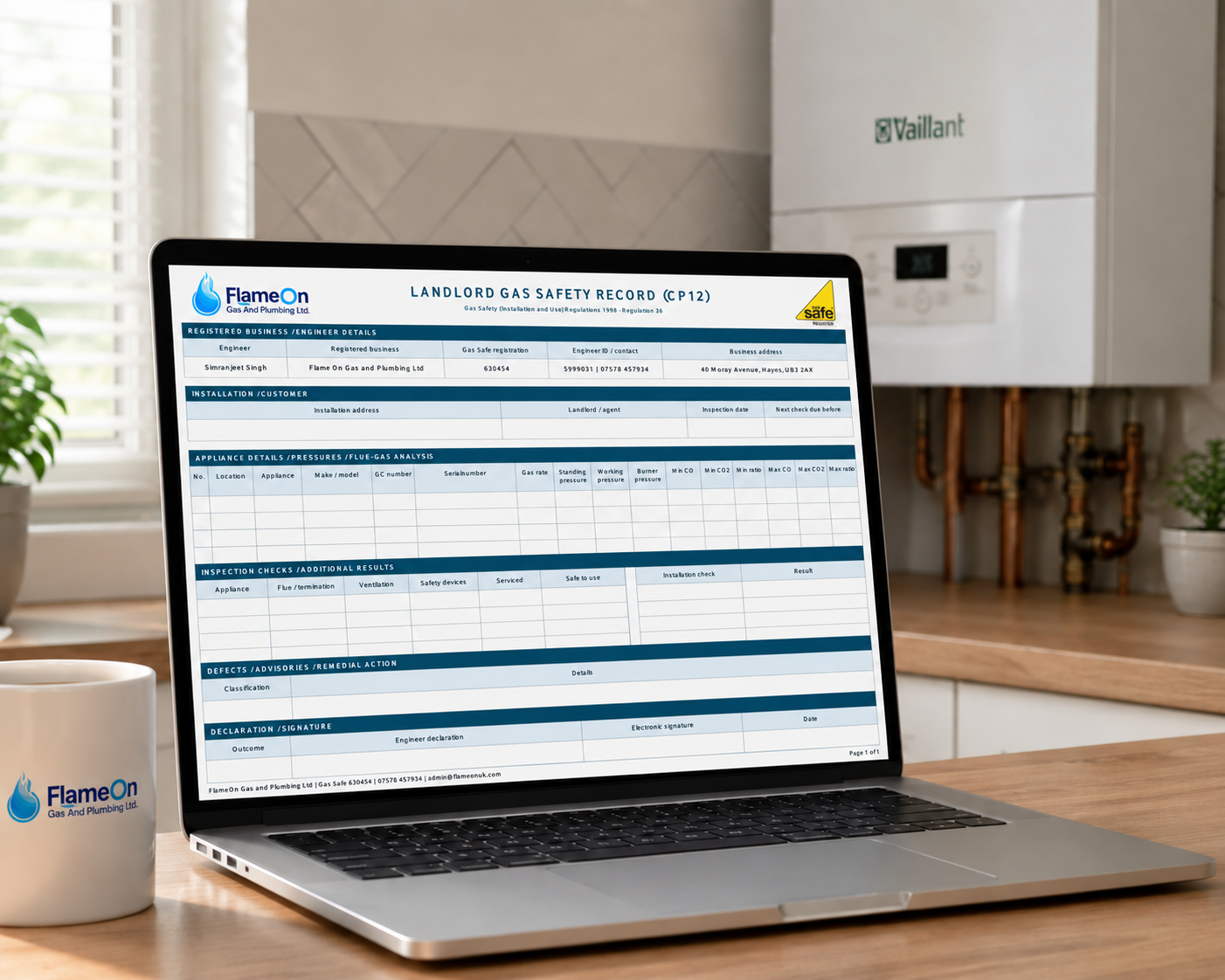 Laptop on a wooden worktop displaying a blank Flame On landlord gas safety record, with a Flame On branded mug in front and a wall-mounted Vaillant boiler and copper pipework behind