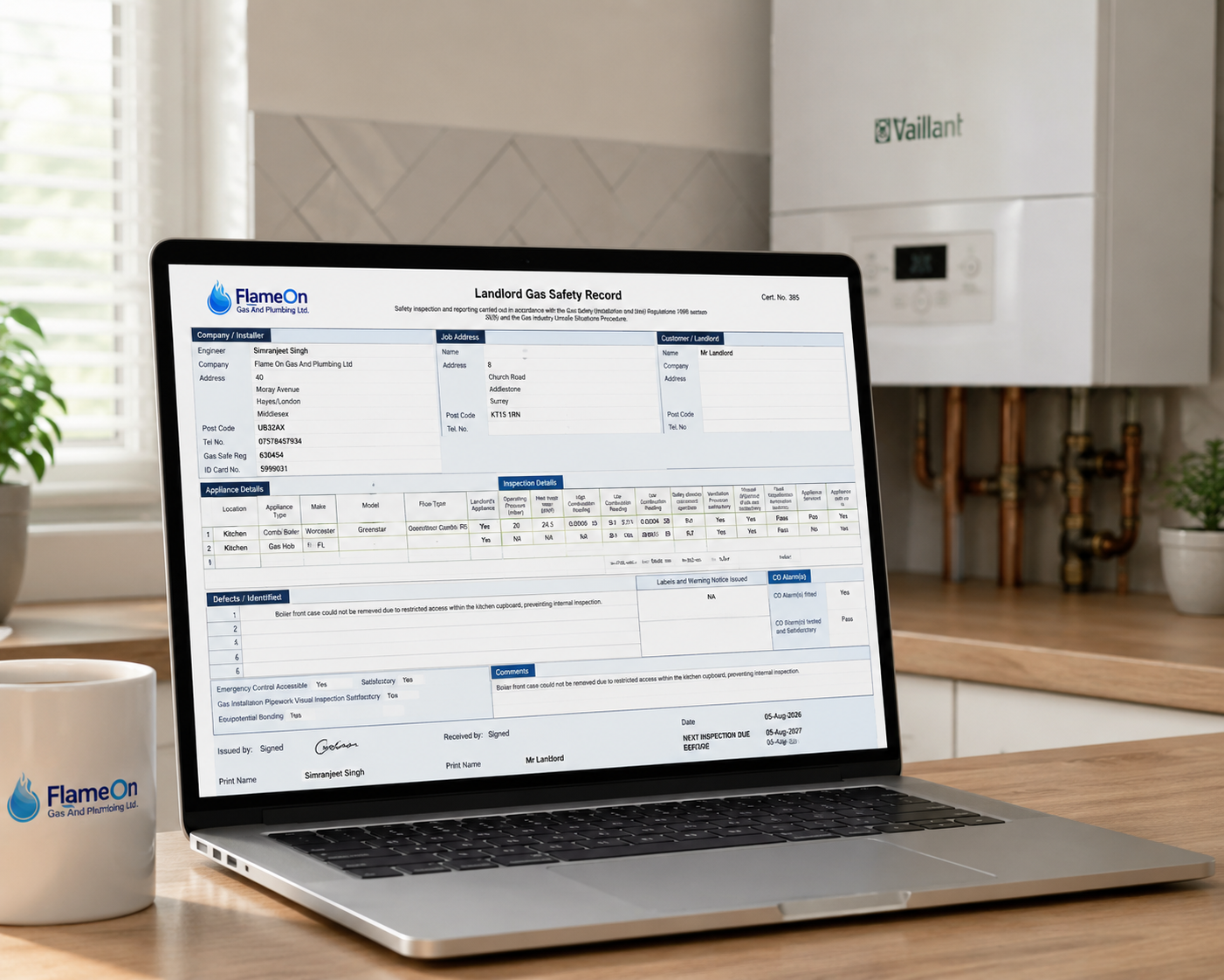 Laptop on a kitchen worktop displaying a Flame On landlord gas safety record, with a wall-mounted Vaillant boiler and copper pipework behind