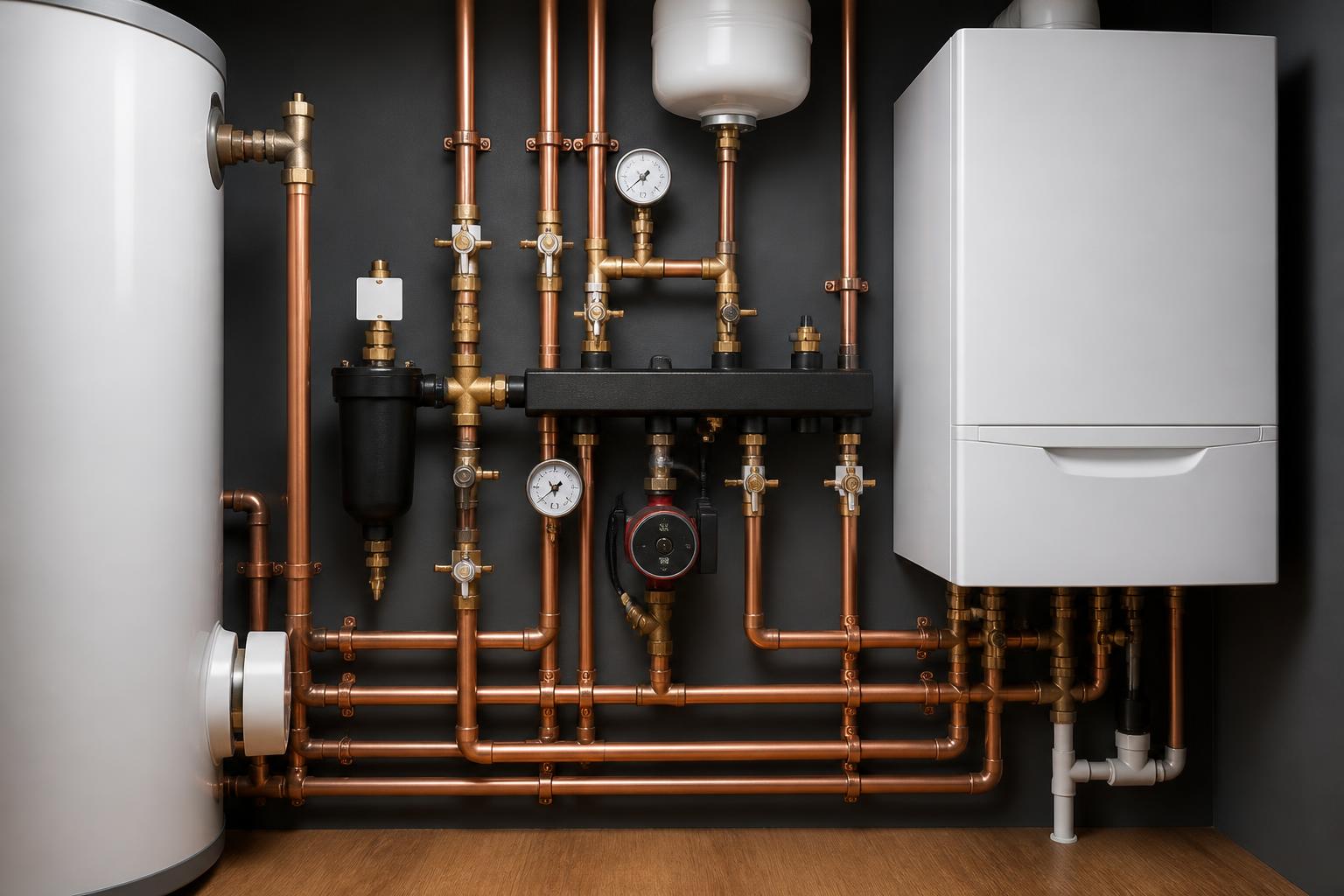 Precision copper pipework, low loss header, magnetic filter and circulating pump around a modern system boiler and unvented cylinder on a dark backboard