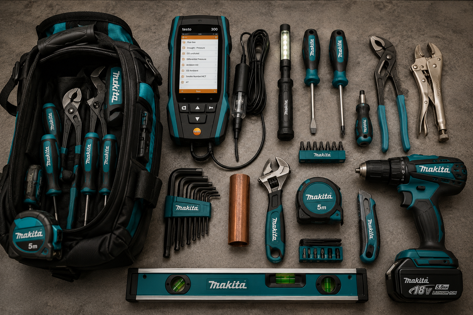 Professional gas and plumbing tool kit laid out on a workbench: Makita tool bag, Testo gas analyser, spanners, screwdrivers, hex keys, adjustable wrench, tape measure, pipe slice, grips, drill and spirit level
